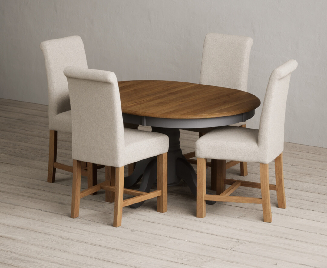 Extending Hertford 100cm - 130cm Oak And Charcoal Grey Painted Pedestal Dining Table With 4 Natural Braced Chairs