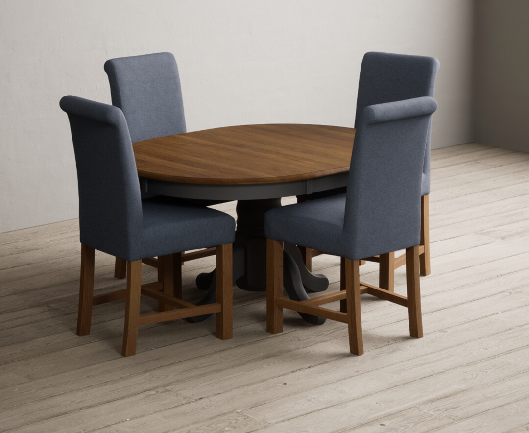 Extending Hertford 100cm - 130cm Oak And Charcoal Grey Painted Pedestal Dining Table With 4 Blue Braced Chairs
