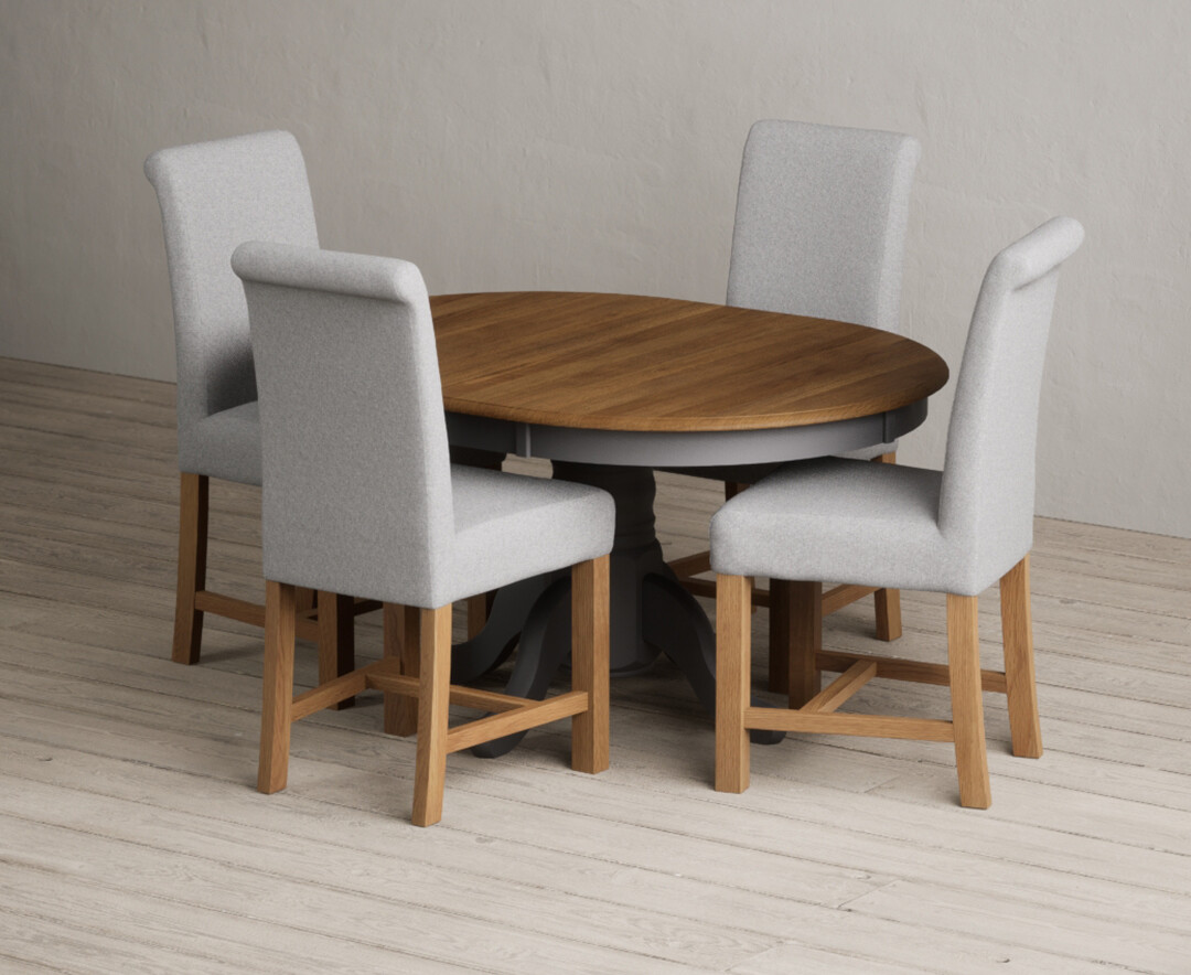 Extending Hertford 100cm - 130cm Oak And Charcoal Grey Painted Pedestal Dining Table With 4 Grey Braced Chairs