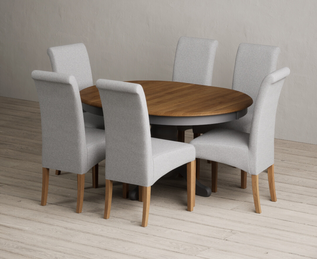 Extending Hertford 100cm - 130cm Oak And Charcoal Grey Painted Pedestal Dining Table With 6 Natural Scroll Back Chairs