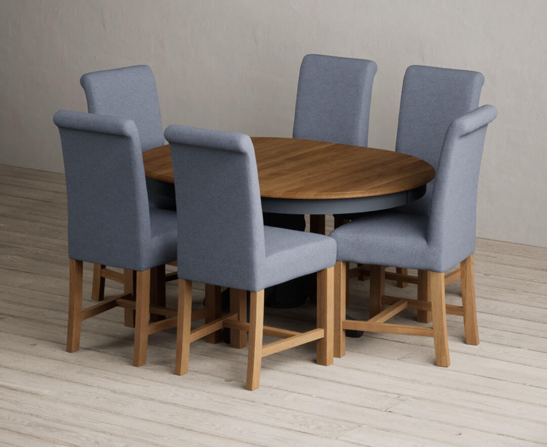 Extending Hertford 100cm - 130cm Oak And Dark Blue Painted Pedestal Dining Table With 6 Grey Braced Chairs