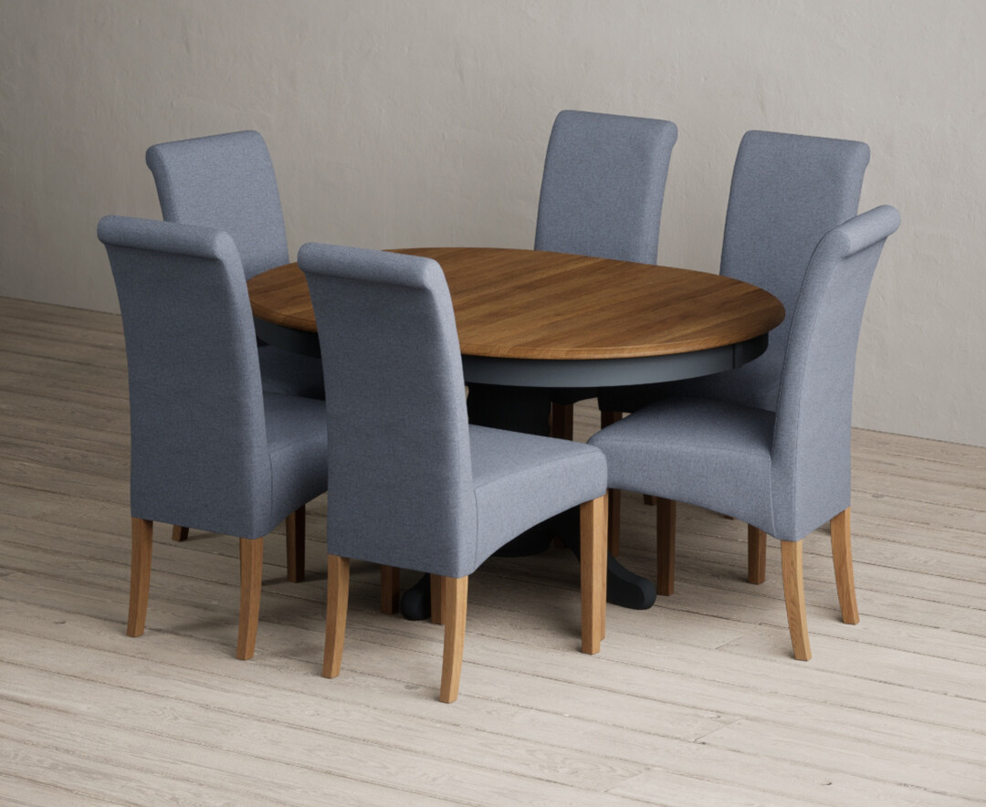 Extending Hertford 100cm - 130cm Oak And Dark Blue Painted Pedestal Dining Table With 6 Natural Scroll Back Chairs