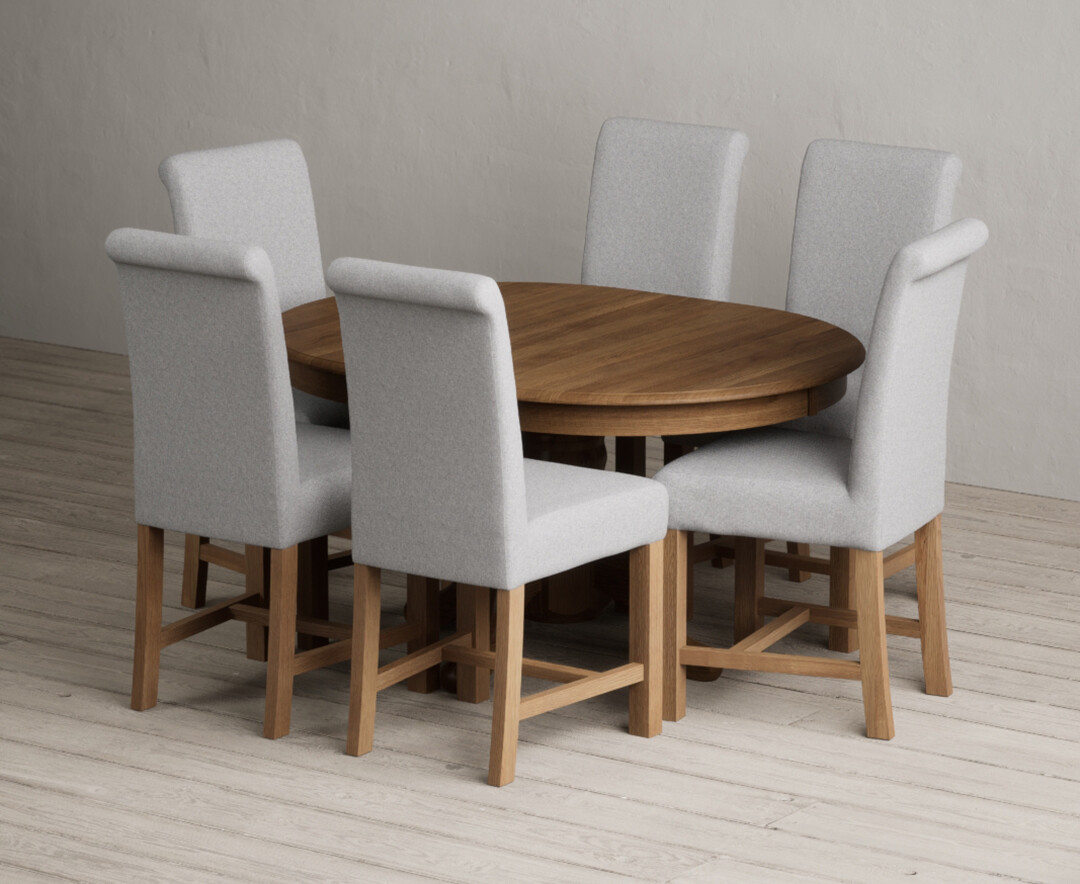 Extending Hertford 100cm - 130cm Rustic Oak Pedestal Dining Table with 6 Grey Braced Chairs