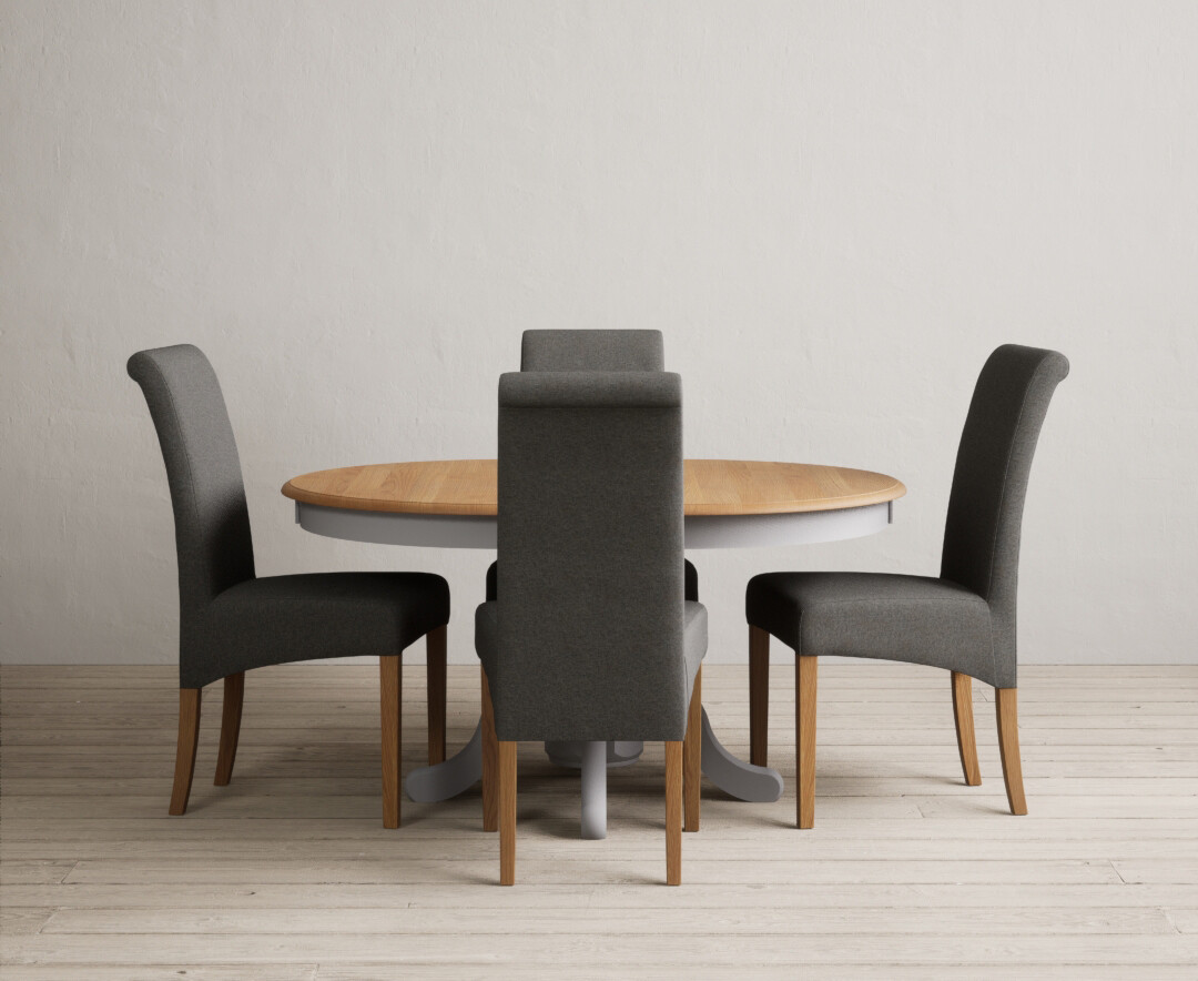 York 150cm Solid Oak Dining Table with 4 Light Grey York Chairs and 2 Oak Benches