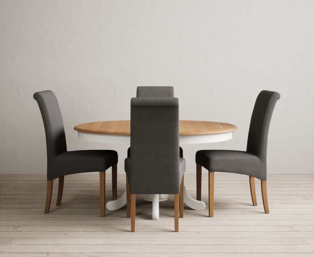 Extending Hertford 100cm - 130cm Oak and Signal White Painted Pedestal Dining Table with 4 Natural Scroll Back Chairs
