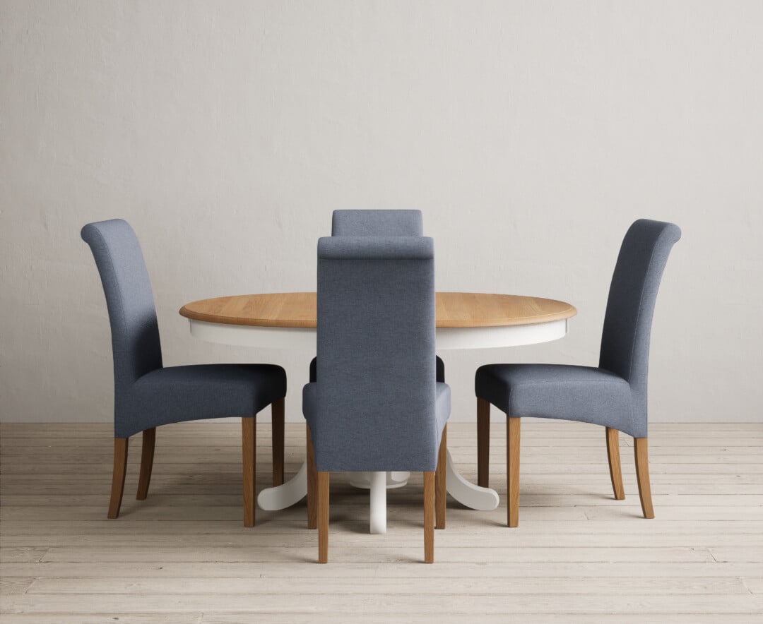 Extending Hertford 100cm - 130cm Oak and Signal White Painted Pedestal Dining Table with 4 Natural Scroll Back Chairs