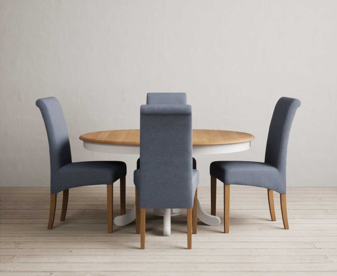 Extending Hertford 100cm - 130cm Oak and Soft White Painted Pedestal Dining Table with 6 Blue Scroll Back Chairs