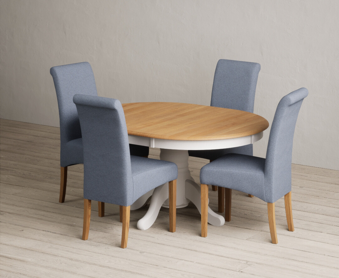 Extending Hertford 100cm - 130cm Oak And Soft White Painted Pedestal Dining Table With 4 Blue Scroll Back Chairs