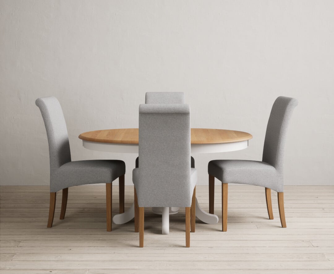 Extending Hertford 100cm - 130cm Oak and Soft White Painted Pedestal Dining Table with 6 Blue Scroll Back Chairs