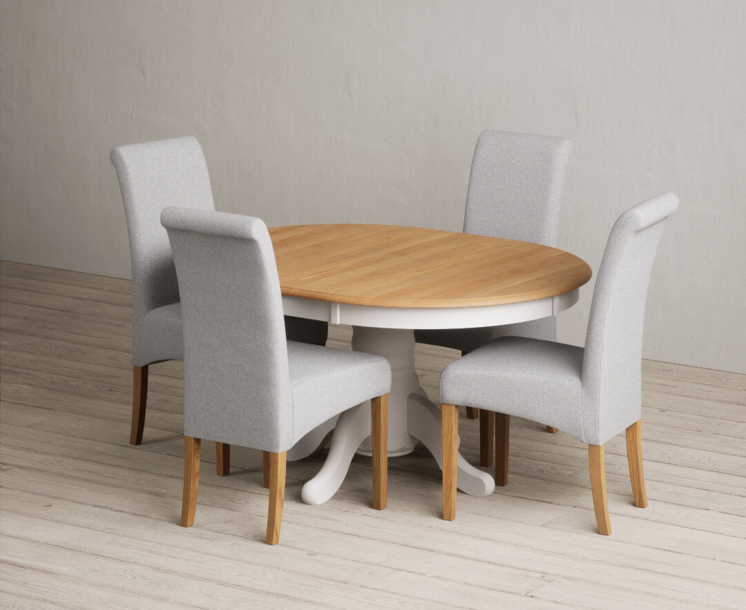 Extending Hertford 100cm - 130cm Oak And Soft White Painted Pedestal Dining Table With 4 Grey Scroll Back Chairs