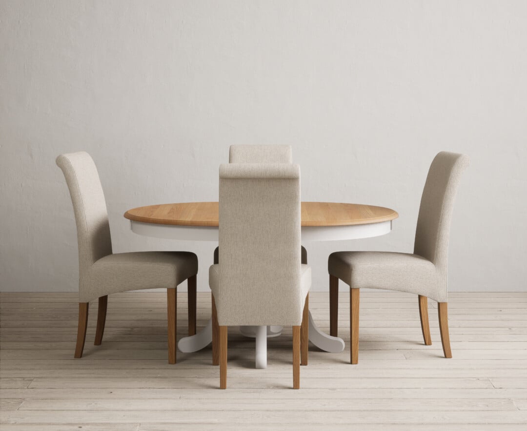 Extending Hertford 100cm - 130cm Oak and Soft White Painted Pedestal Dining Table with 6 Blue Scroll Back Chairs