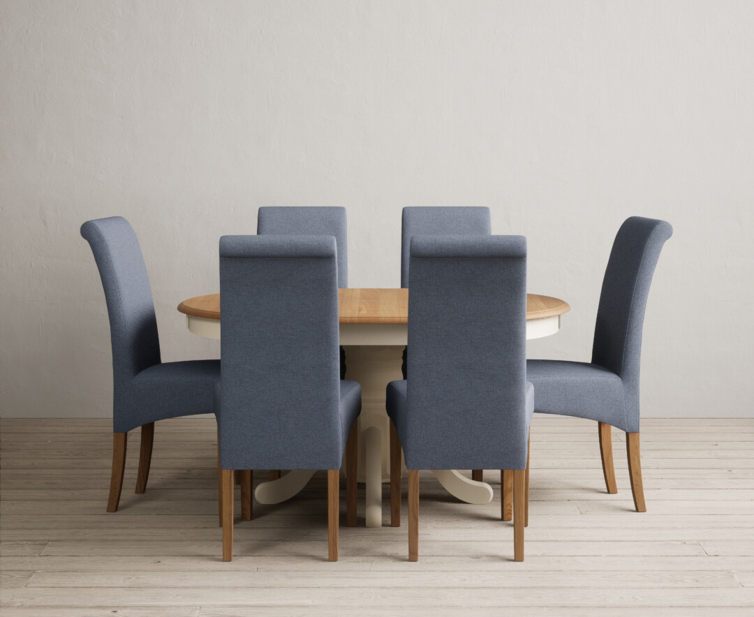Extending Hertford 100cm - 130cm Oak and Cream Painted Pedestal Dining Table with 6 Blue Scroll Back Chairs