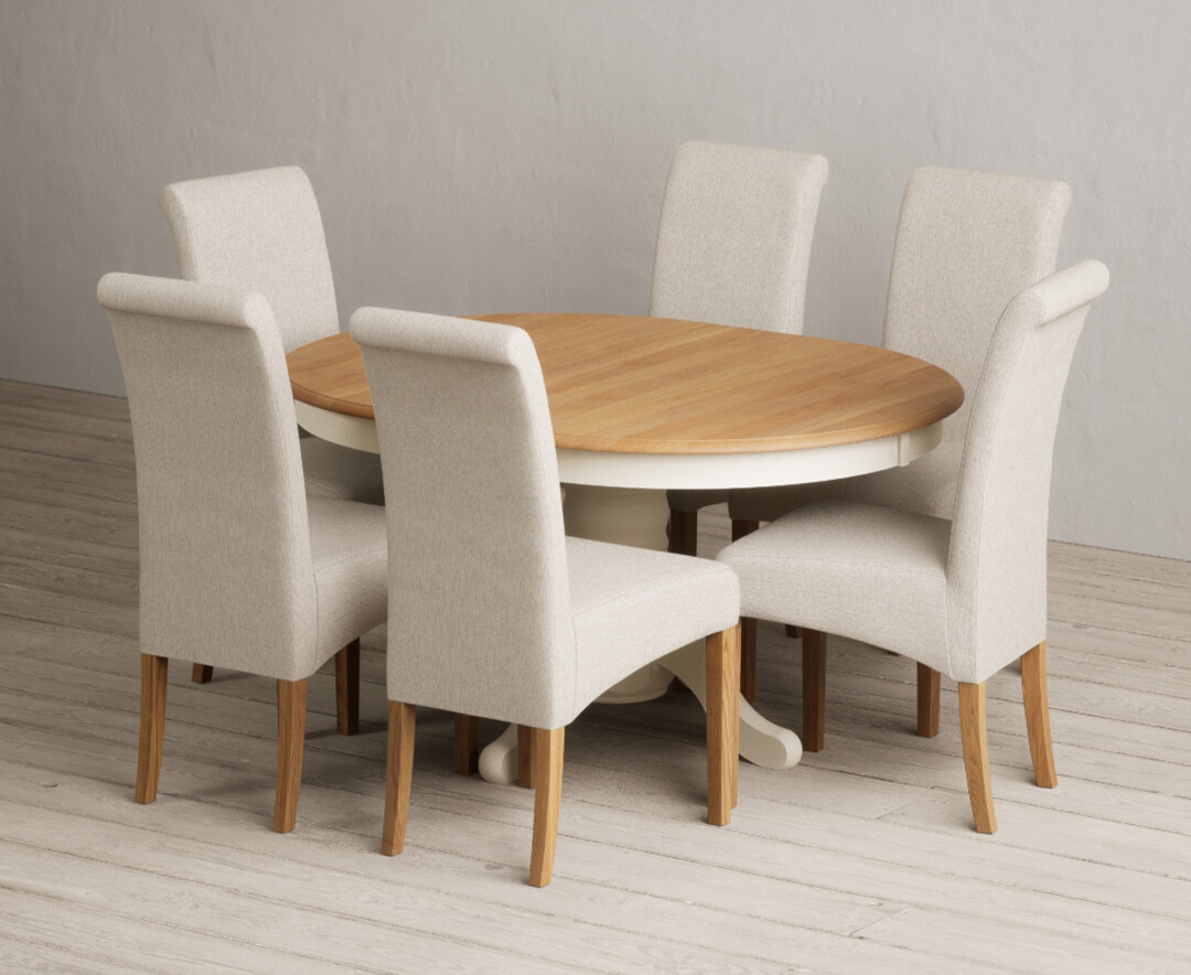 Extending Hertford 100cm - 130cm Oak And Cream Painted Pedestal Dining Table With 6 Natural Scroll Back Chairs