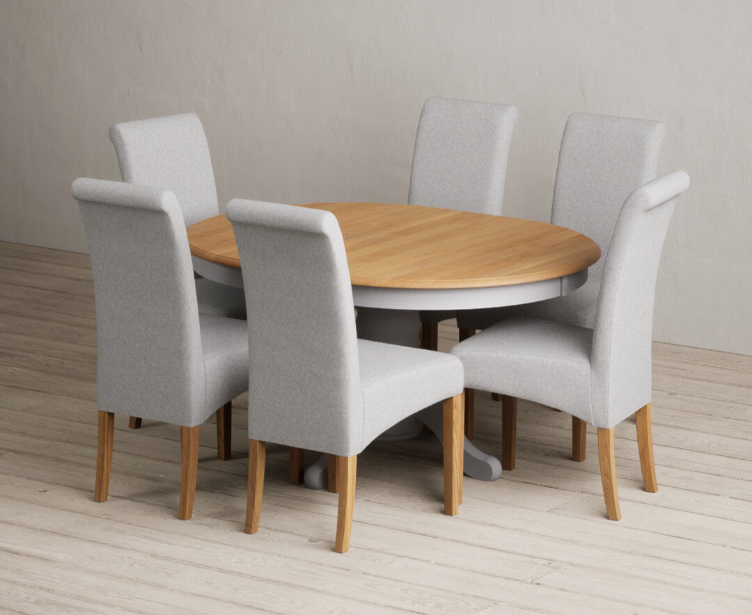 Extending Hertford 100cm - 130cm Oak And Light Grey Painted Pedestal Dining Table With 6 Natural Scroll Back Chairs