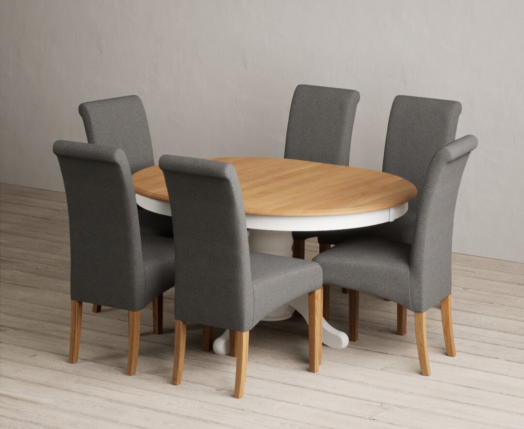 Extending Hertford 100cm - 130cm Oak and Signal White Painted Pedestal Dining Table with 4 Natural Scroll Back Chairs