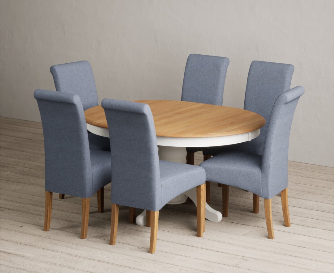 Extending Hertford 100cm - 130cm Oak and Signal White Painted Pedestal Dining Table with 4 Natural Scroll Back Chairs