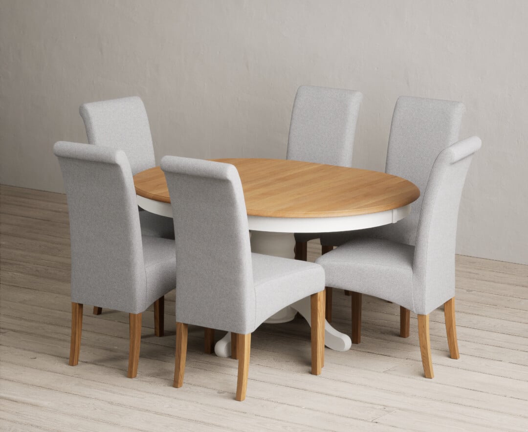 Extending Hertford 100cm - 130cm Oak and Signal White Painted Pedestal Dining Table with 4 Natural Scroll Back Chairs