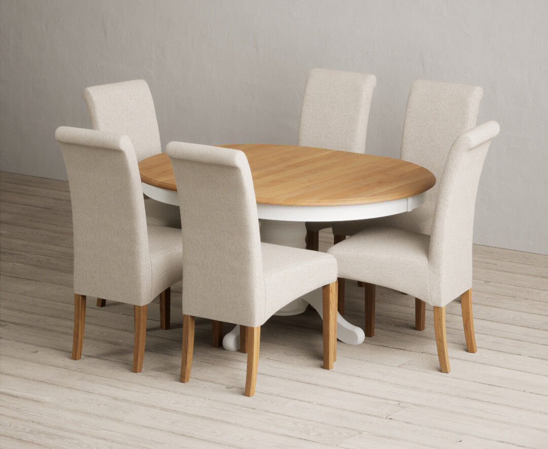 Extending Hertford 100cm - 130cm Oak And Signal White Painted Pedestal Dining Table With 6 Natural Scroll Back Chairs