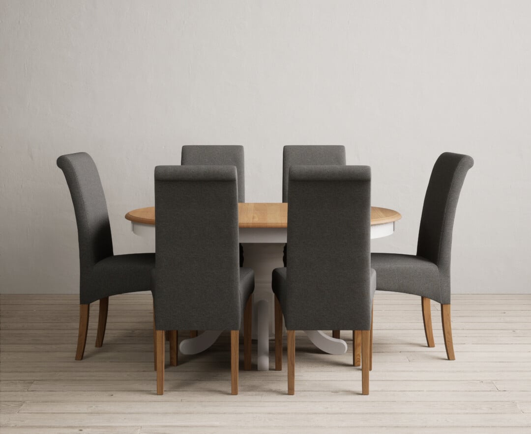 Extending Hertford 100cm - 130cm Oak and Soft White Painted Pedestal Dining Table with 6 Blue Scroll Back Chairs