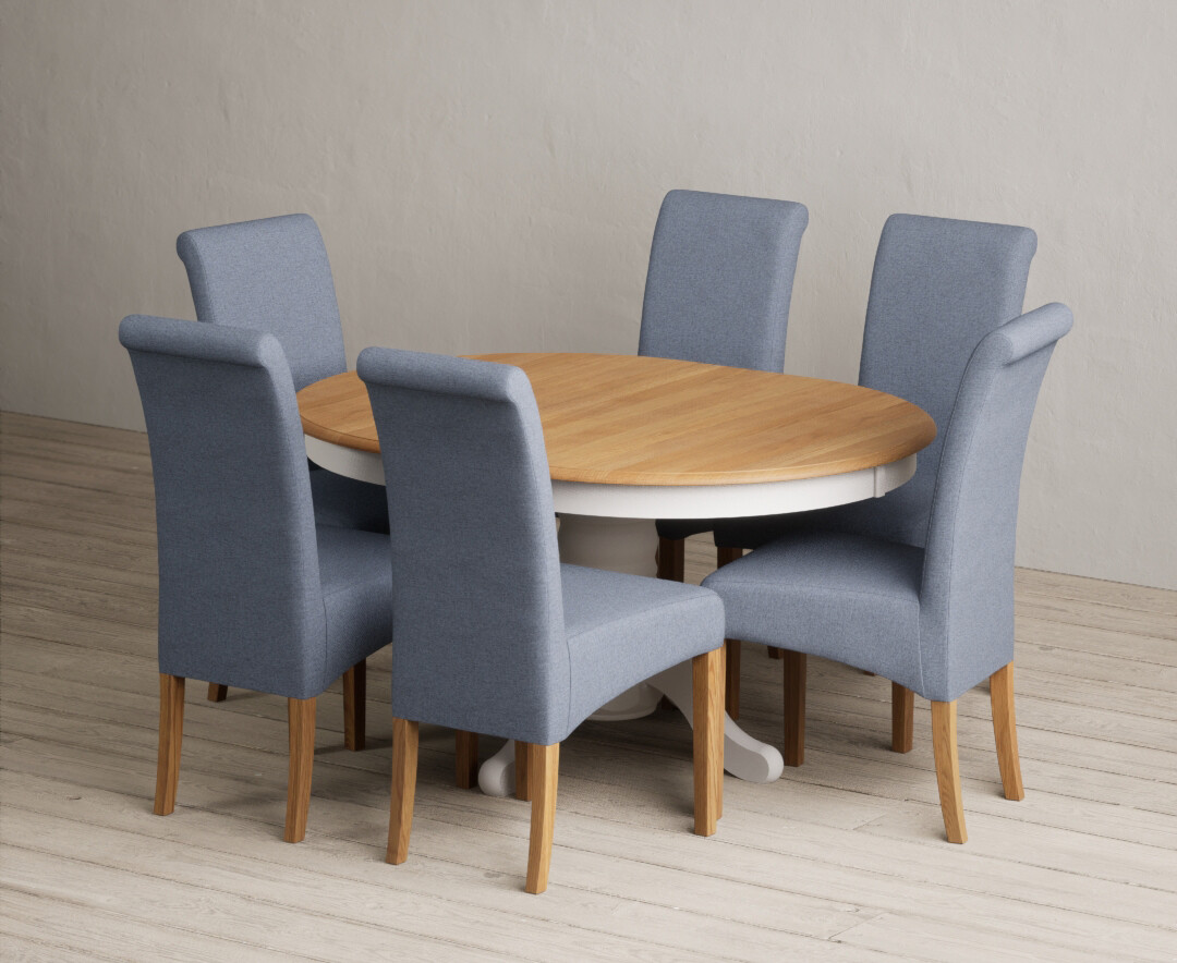Extending Hertford 100cm - 130cm Oak And Soft White Painted Pedestal Dining Table With 6 Natural Scroll Back Chairs