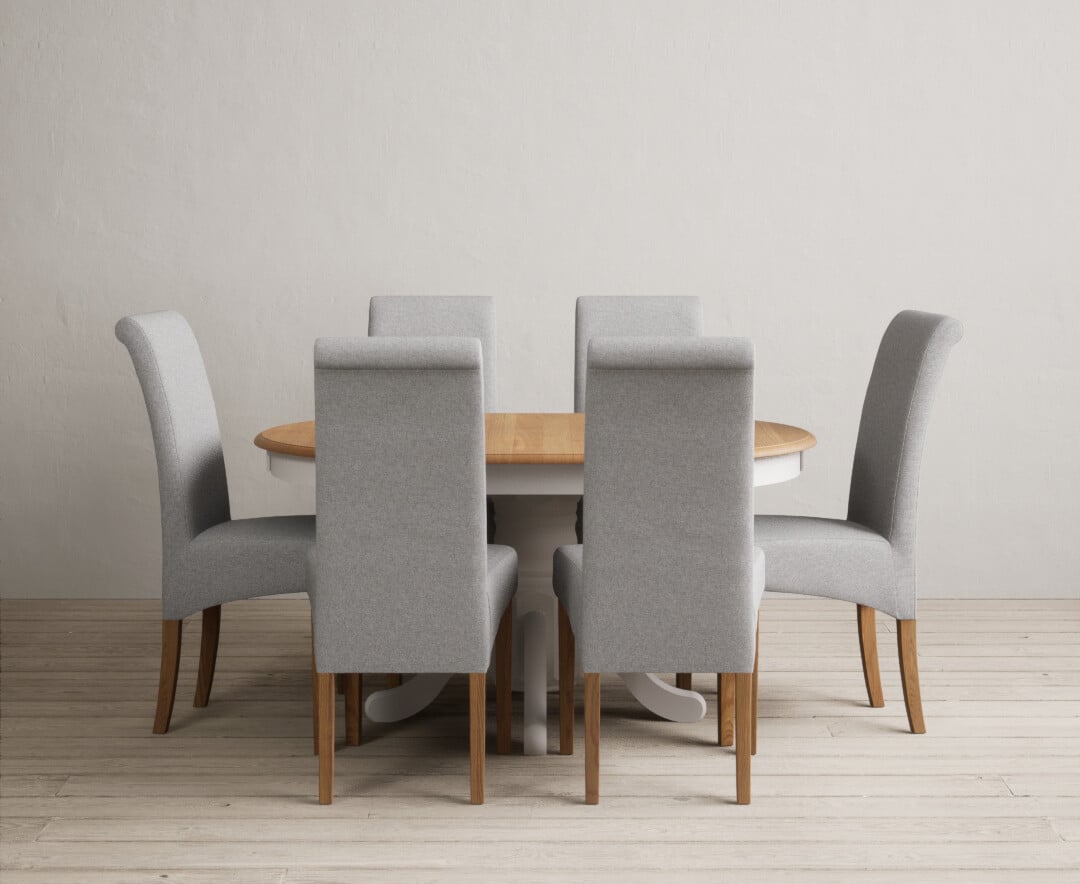 Extending Hertford 100cm - 130cm Oak and Soft White Painted Pedestal Dining Table with 6 Blue Scroll Back Chairs
