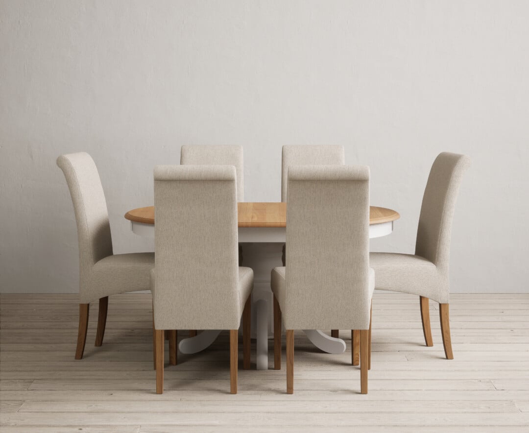 Extending Hertford 100cm - 130cm Oak and Soft White Painted Pedestal Dining Table with 6 Blue Scroll Back Chairs