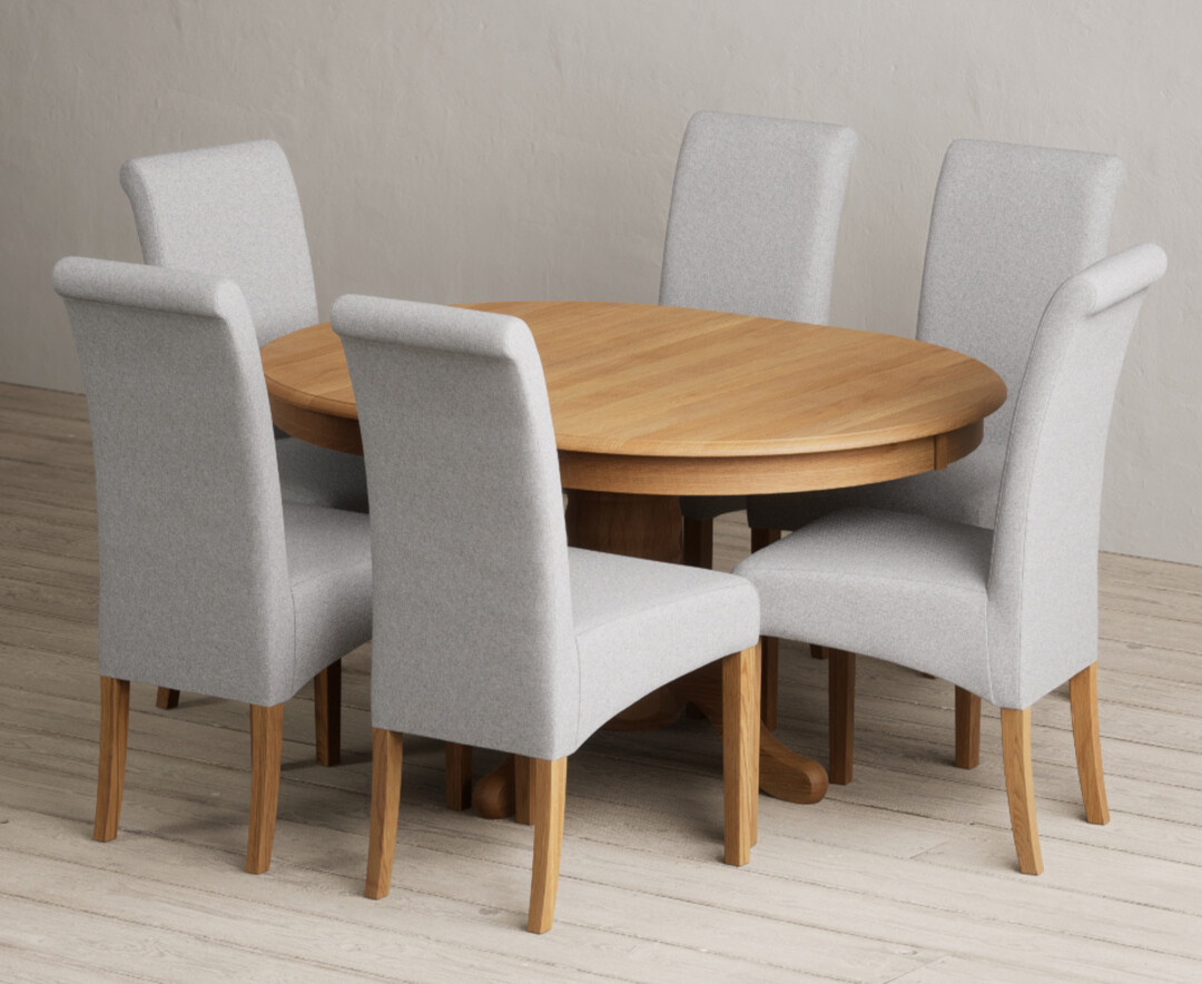 Extending Hertford 100cm – 130cm Solid Oak Pedestal Dining Table with 6 Grey Scroll Back Chairs