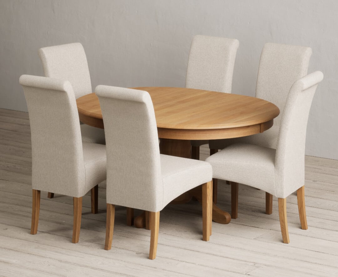 Extending Hertford 100cm – 130cm Solid Oak Pedestal Dining Table with 4 Grey Scroll Back Chairs