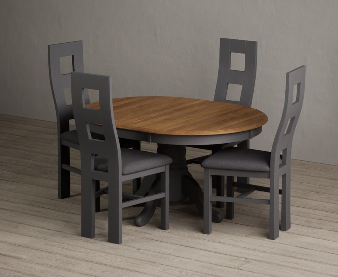 Extending Hertford 100cm - 130cm Oak and Charcoal Grey Painted Pedestal Dining Table with 4 Charcoal Grey Painted Chairs