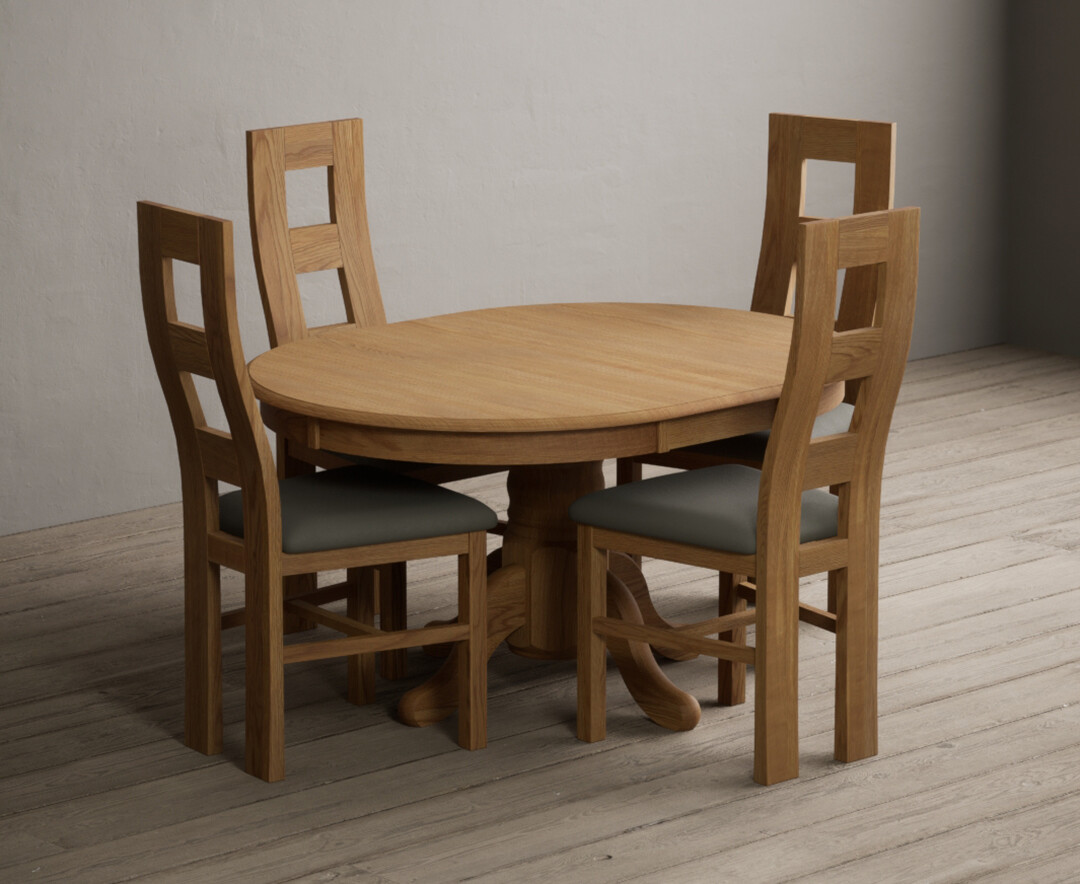 Extending Hertford 100cm – 130cm Solid Oak Pedestal Dining Table with 4 Grey Natural Solid Oak Chairs