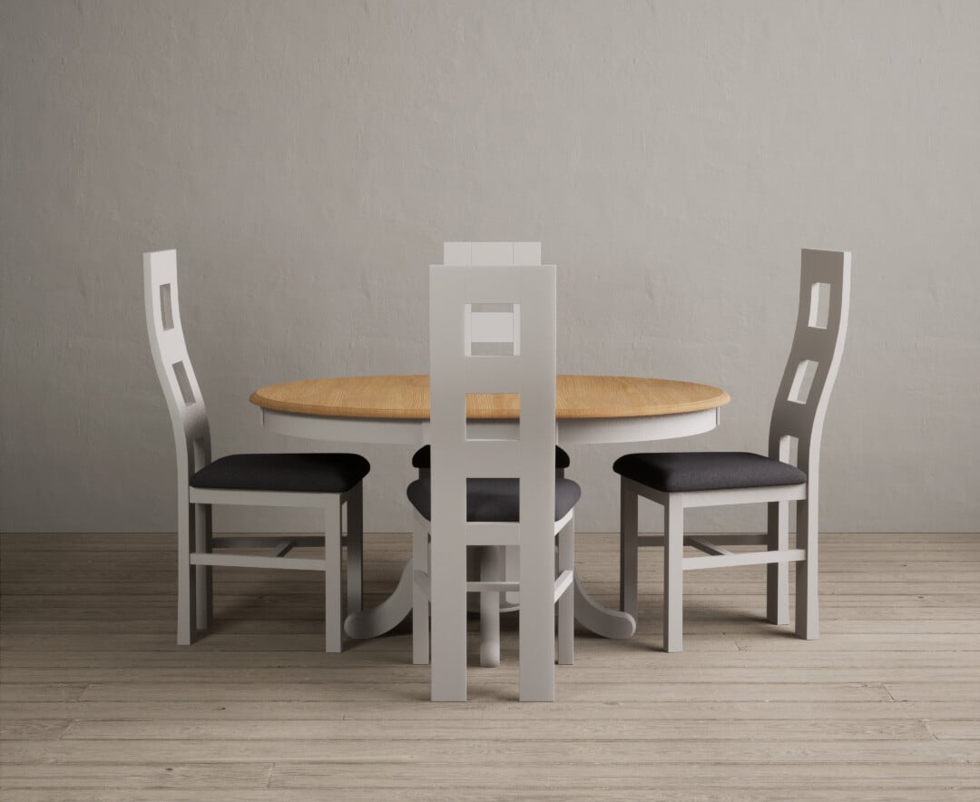 Extending Hertford 100cm - 130cm Oak and Soft White Painted Pedestal Dining Table with 4 Linen Painted Chairs