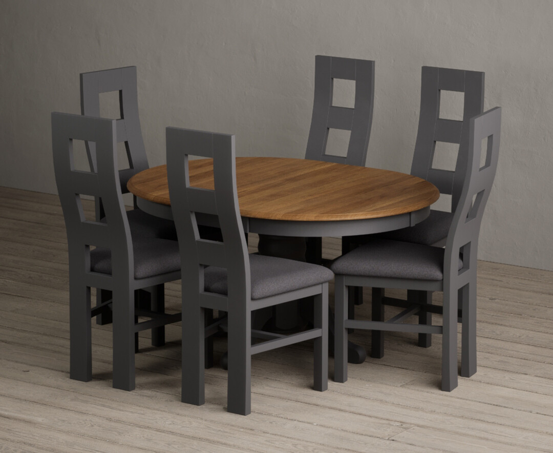Extending Hertford 100cm - 130cm Oak and Charcoal Grey Painted Pedestal Dining Table with 6 Charcoal Grey Painted Chairs
