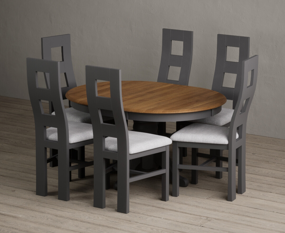 Extending Hertford 100cm – 130cm Oak and Charcoal Grey Painted Pedestal Dining Table with 4 Brown Painted Chairs