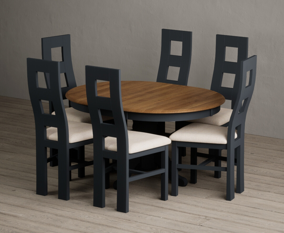 Extending Hertford 100cm – 130cm Oak and Dark Blue Painted Pedestal Dining Table with 4 Blue Painted Chairs