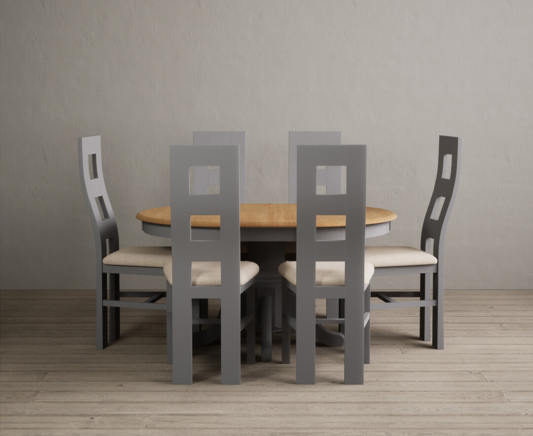 Extending Hertford 100cm - 130cm Oak and Light Grey Painted Pedestal Dining Table with 6 Linen Painted Chairs