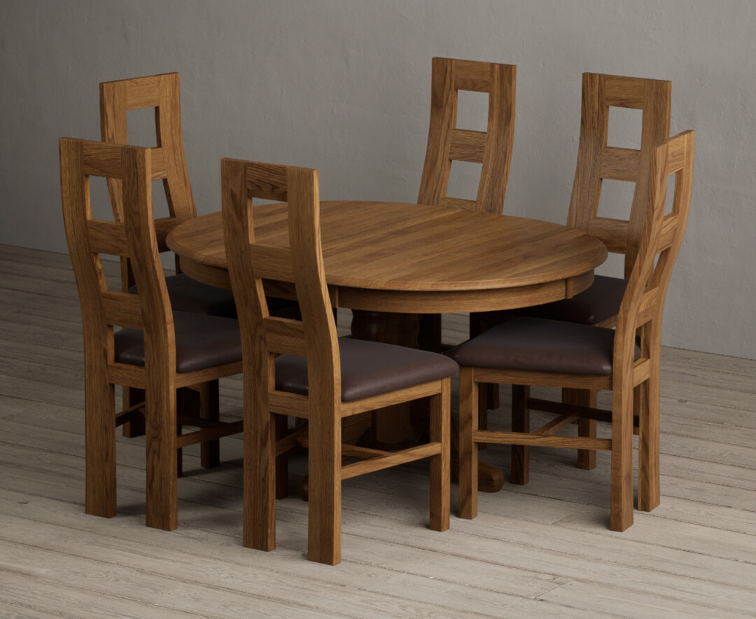 Extending Hertford 100cm - 130cm Rustic Oak Pedestal Dining Table with 6 Brown Rustic Solid Oak Chairs