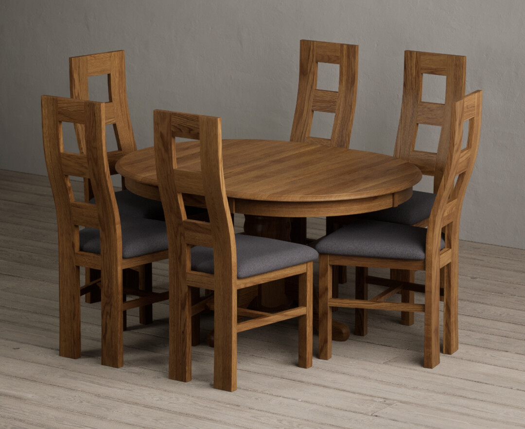 Extending Hertford 100cm - 130cm Rustic Oak Pedestal Dining Table with 6 Charcoal Grey Rustic Solid Oak Chairs