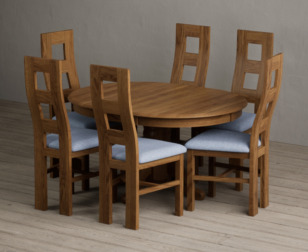 Extending Hertford 100cm - 130cm Rustic Oak Pedestal Dining Table with 6 Blue Rustic Solid Oak Chairs