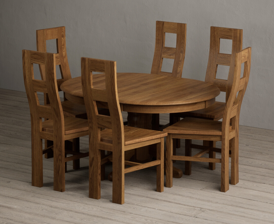 Extending Hertford 100cm - 130cm Rustic Oak Pedestal Dining Table with 6 Rustic Oak Rustic Solid Oak Chairs