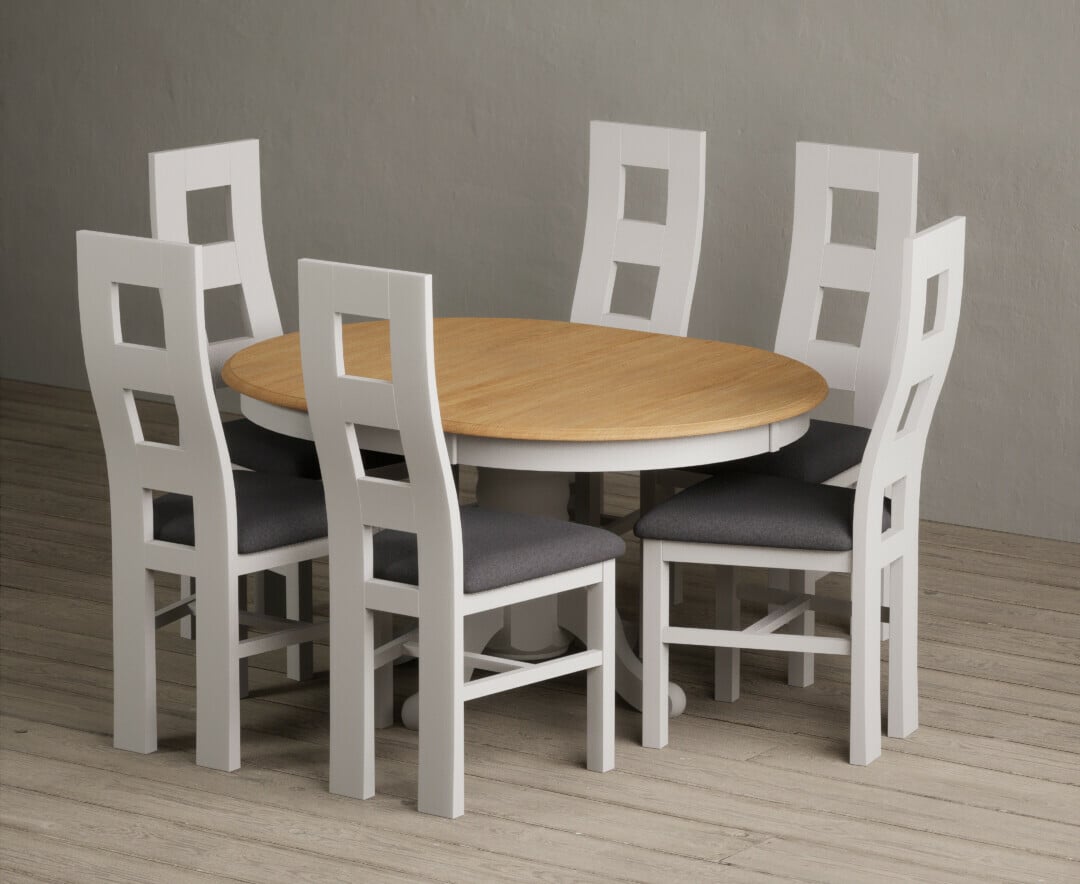 Extending Hertford 100cm - 130cm Oak and Soft White Painted Pedestal Dining Table with 4 Linen Painted Chairs