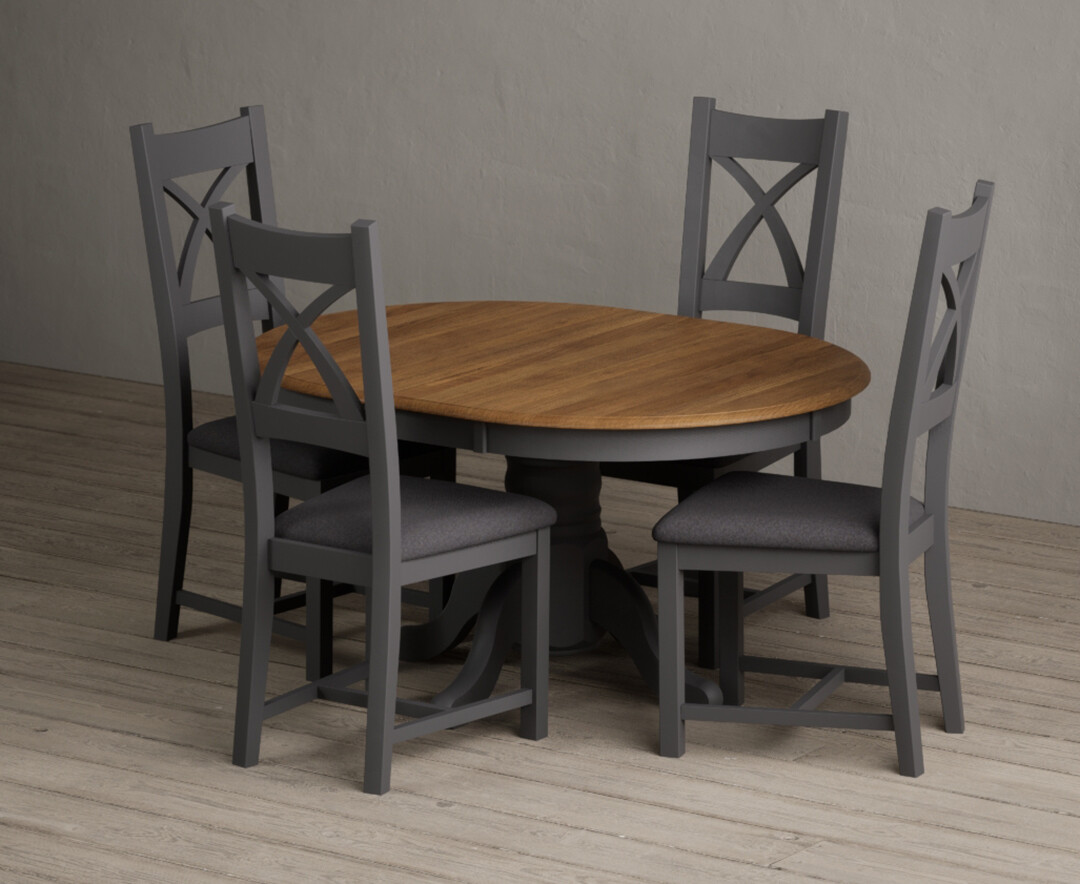 Extending Hertford 100cm - 130cm Oak and Charcoal Grey Painted Pedestal Dining Table with 4 Charcoal Grey Painted Chairs
