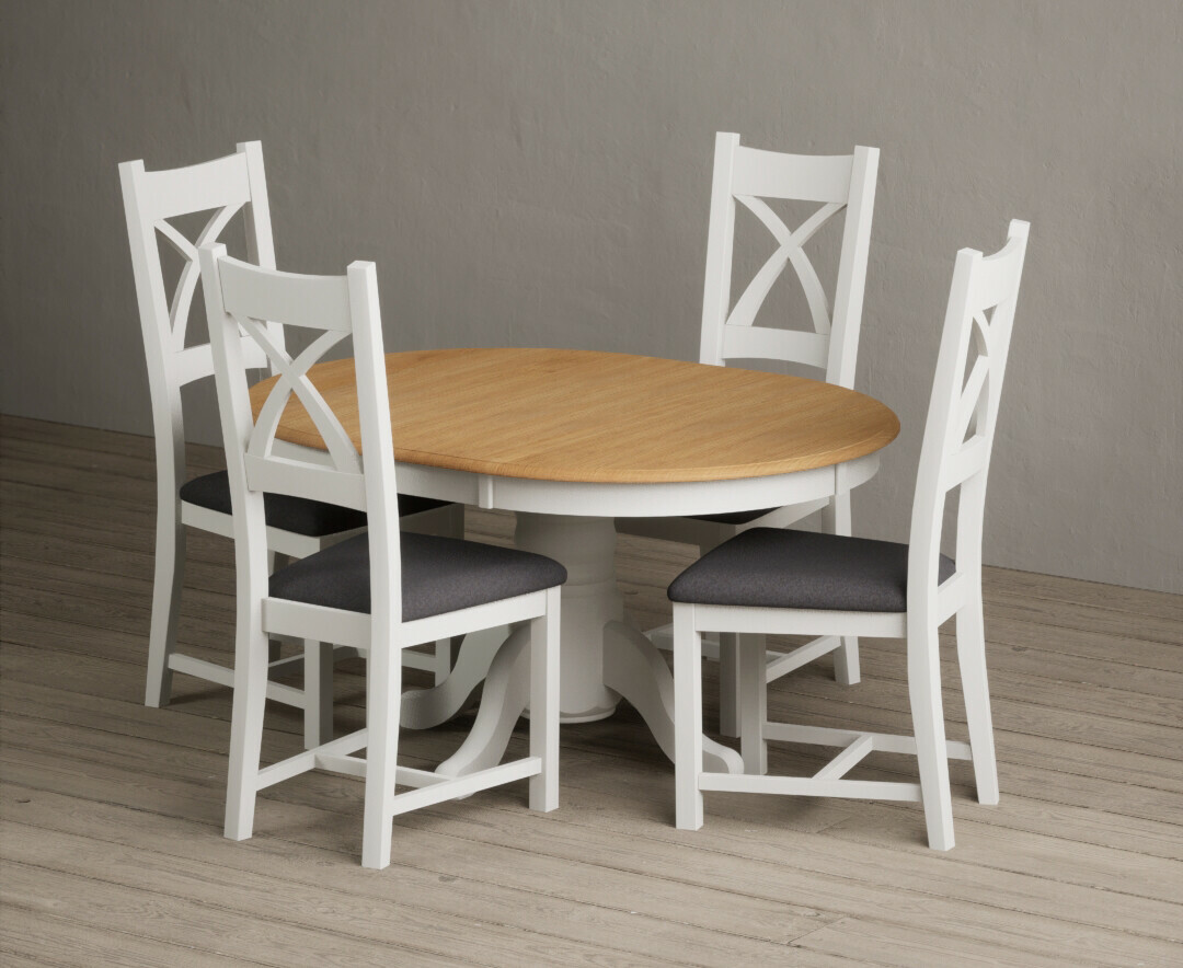 Extending Hertford 100cm - 130cm Oak and Signal White Painted Pedestal Dining Table with 4 Charcoal Grey Painted Chairs