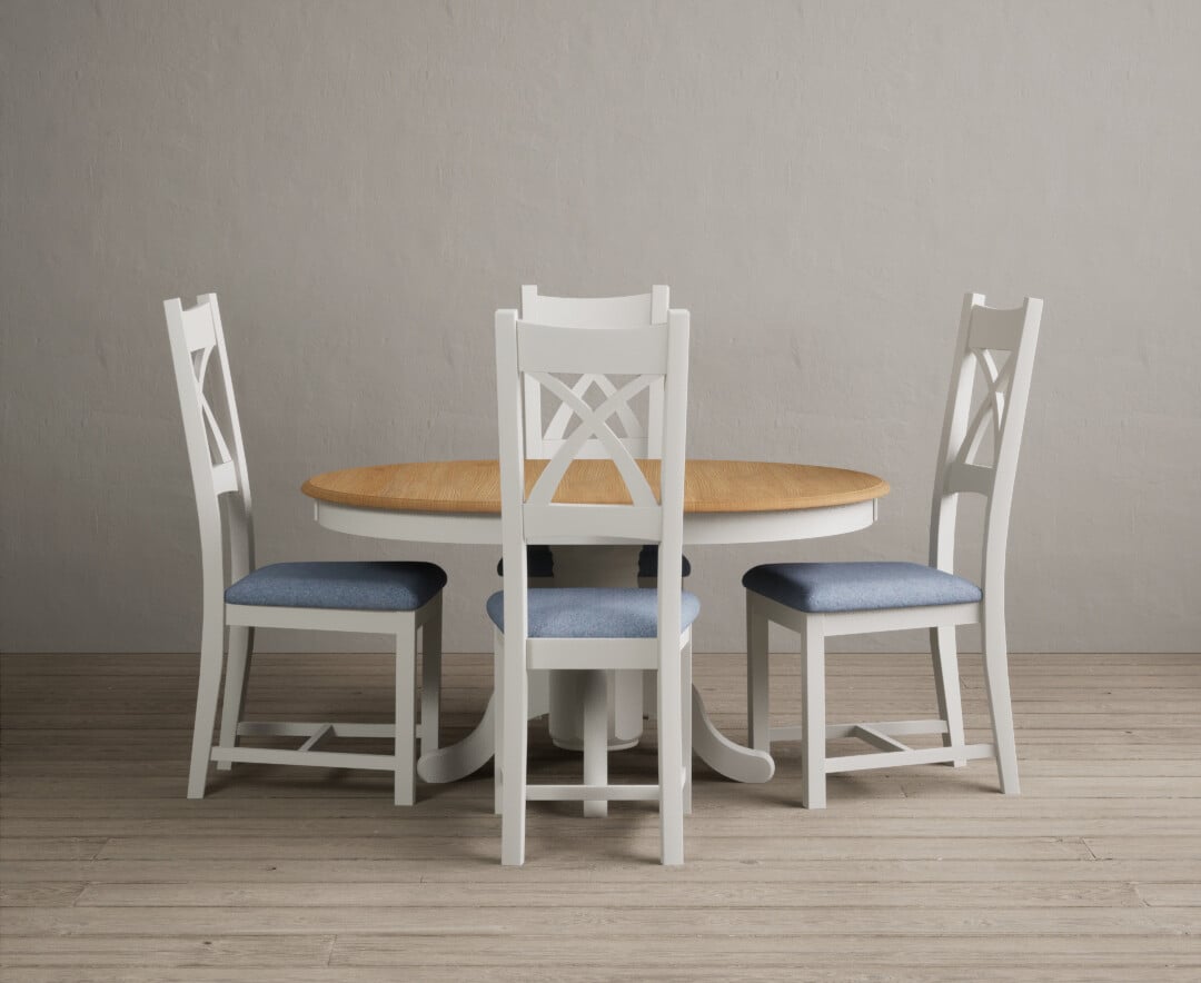Extending Hertford 100cm - 130cm Oak and Signal White Painted Pedestal Dining Table with 6 Light Grey Painted Chairs