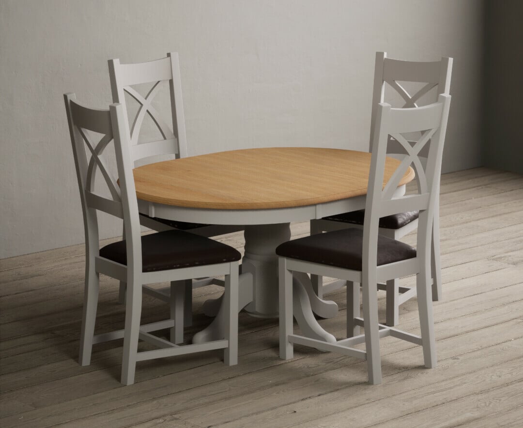 Extending Hertford 100cm - 130cm Oak and Soft White Painted Pedestal Dining Table with 4 Linen Painted Chairs