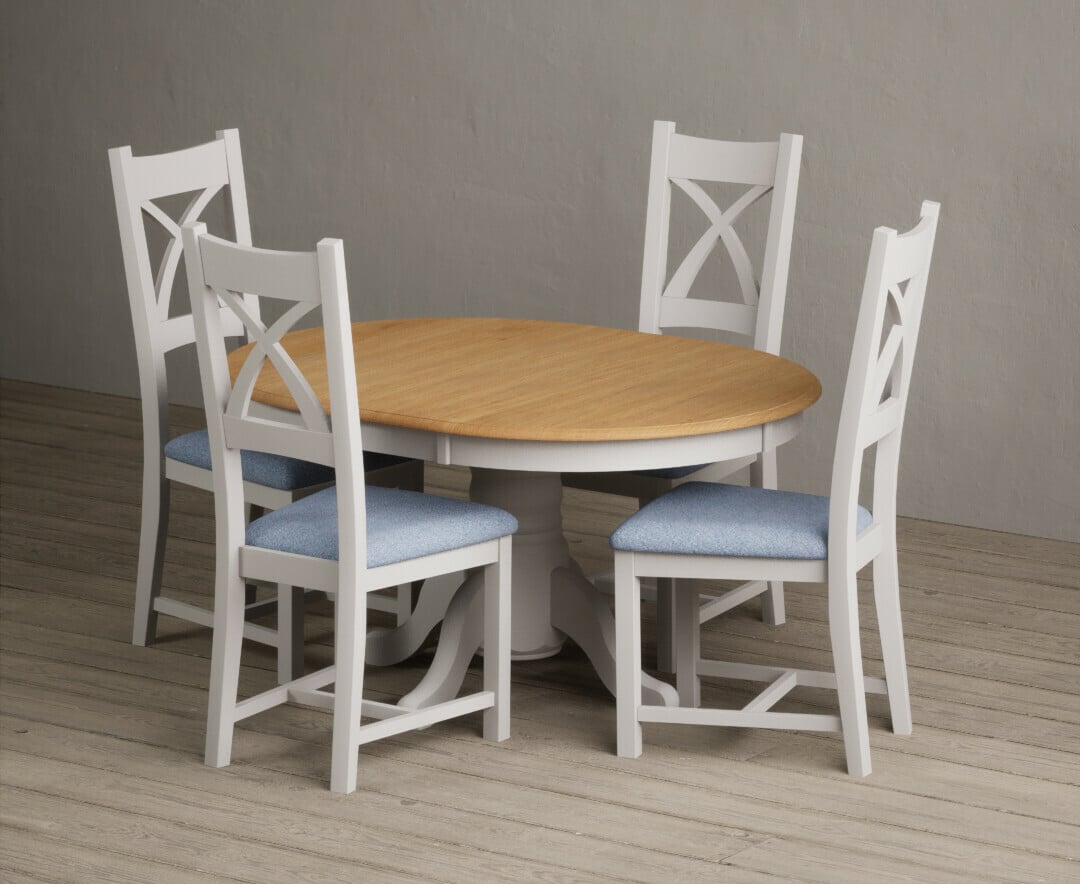 Extending Hertford 100cm - 130cm Oak and Soft White Painted Pedestal Dining Table with 4 Linen Painted Chairs