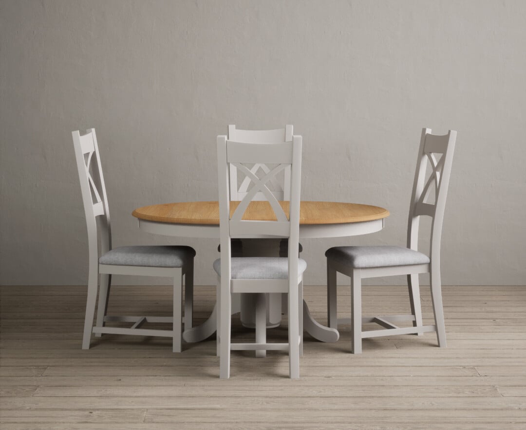 Extending Hertford 100cm - 130cm Oak and Soft White Painted Pedestal Dining Table with 4 Linen Painted Chairs