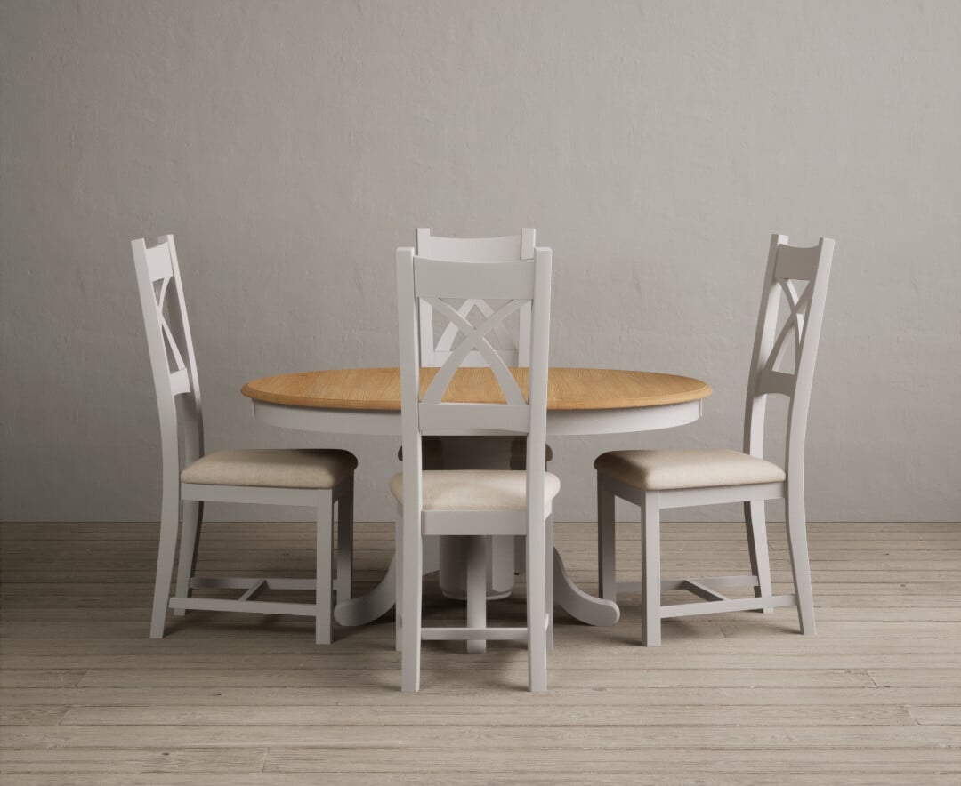 Extending Hertford 100cm - 130cm Oak and Soft White Painted Pedestal Dining Table with 4 Linen Painted Chairs