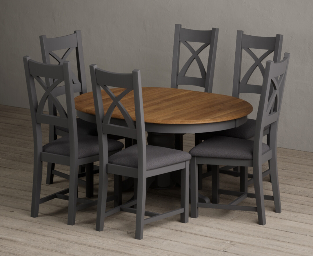 Extending Hertford 100cm - 130cm Oak and Charcoal Grey Painted Pedestal Dining Table with 6 Charcoal Grey Painted Chairs