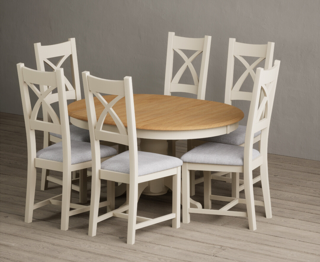 Extending Hertford 100cm - 130cm Oak And Cream Painted Pedestal Dining Table With 4 Linen Painted Chairs