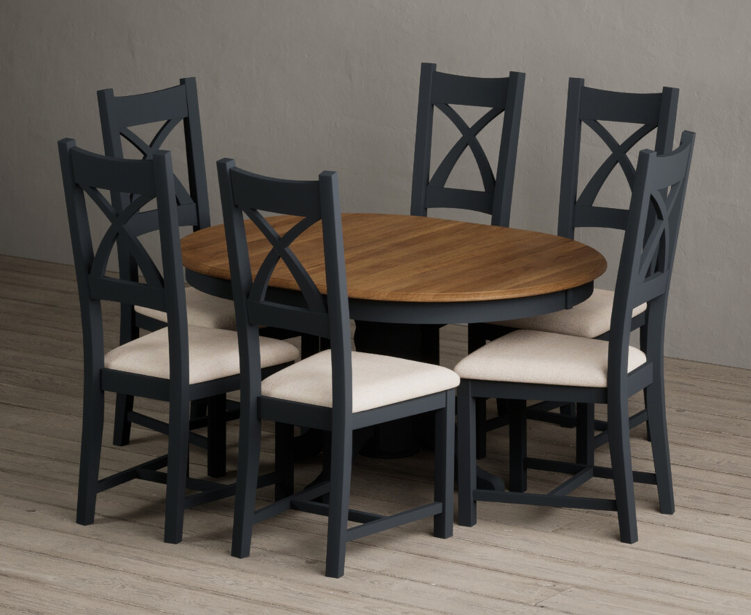 Extending Hertford 100cm - 130cm Oak And Dark Blue Painted Pedestal Dining Table With 6 Rustic Oak Painted Chairs